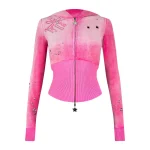 Glitch Eyelet Velour ZIP Hoodie Washed Hot Pink