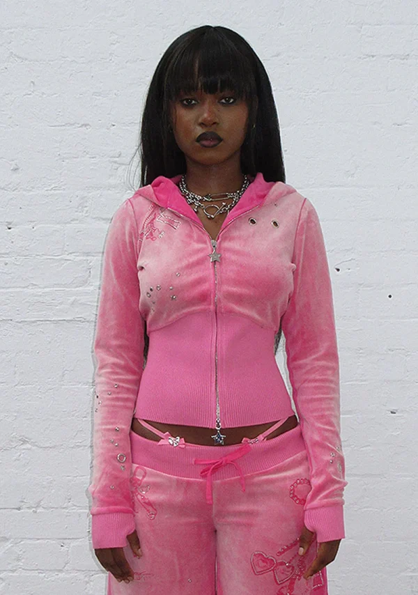 Glitch Eyelet Velour ZIP Hoodie Washed Hot Pink-4
