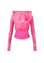 Glitch Eyelet Velour ZIP Hoodie Washed Hot Pink-5