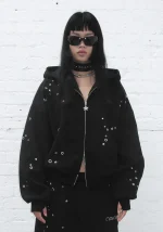 Glitch Eyelet ZIP Hoodie Black-1