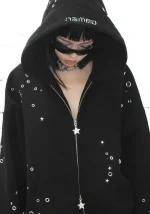 Glitch Eyelet ZIP Hoodie Black-2