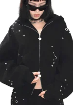 Glitch Eyelet ZIP Hoodie Black-4