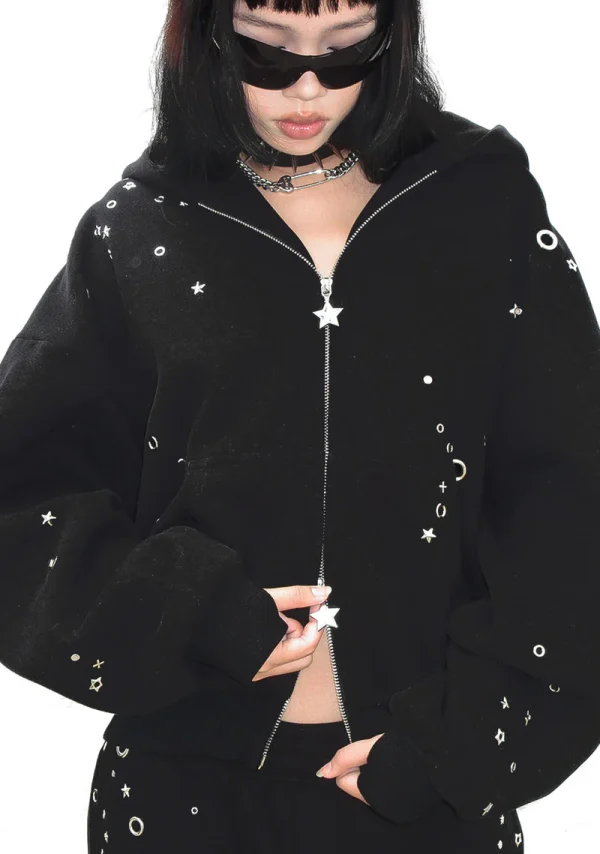Glitch Eyelet ZIP Hoodie Black-4