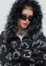 Heist Faux Fur Rhinestone Cuff ZIP Hoodie Black (Detachable Fur)-1