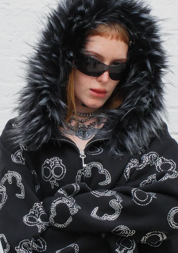 Heist Faux Fur Rhinestone Cuff ZIP Hoodie Black (Detachable Fur)-1