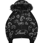Heist Faux Fur Rhinestone Cuff ZIP Hoodie Black (Detachable Fur)
