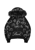 Heist Faux Fur Rhinestone Cuff ZIP Hoodie Black (Detachable Fur)
