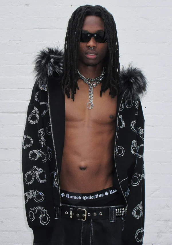 Heist Faux Fur Rhinestone Cuff ZIP Hoodie Black (Detachable Fur)-2