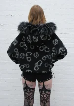 Heist Faux Fur Rhinestone Cuff ZIP Hoodie Black (Detachable Fur)-3