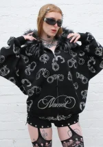 Heist Faux Fur Rhinestone Cuff ZIP Hoodie Black (Detachable Fur)-4