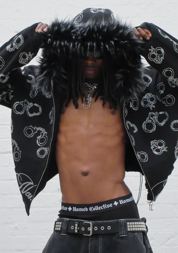 Heist Faux Fur Rhinestone Cuff ZIP Hoodie Black (Detachable Fur)-5