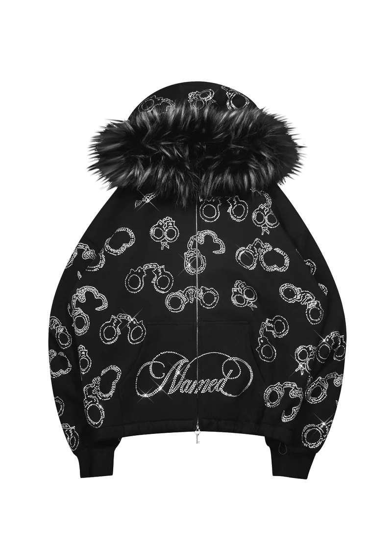 Heist Faux Fur Rhinestone Cuff ZIP Hoodie Black (Detachable Fur) Heist Faux Fur Rhinestone Cuff ZIP Hoodie Black (Detachable Fur)