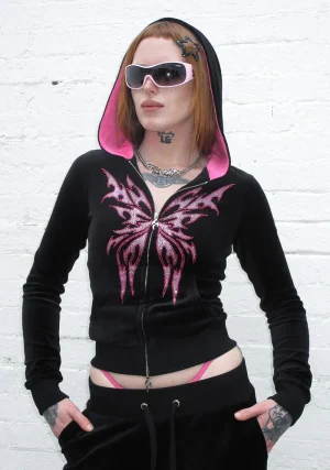 Idol Rhinestone Velour Fitted ZIP Hoodie Black-1