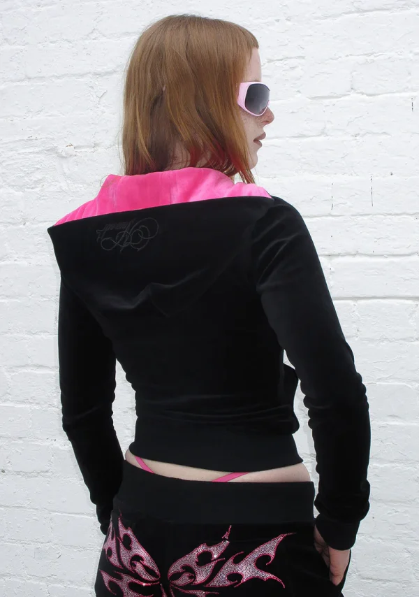 Idol Rhinestone Velour Fitted ZIP Hoodie Black-3