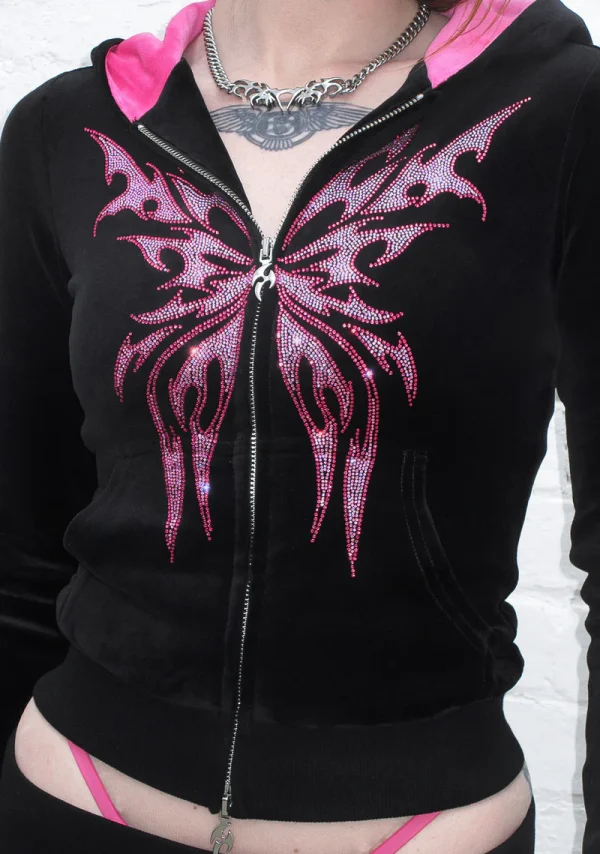 Idol Rhinestone Velour Fitted ZIP Hoodie Black-4