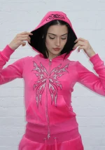 Idol Rhinestone Velour Fitted ZIP Hoodie Hot Pink - Image 2