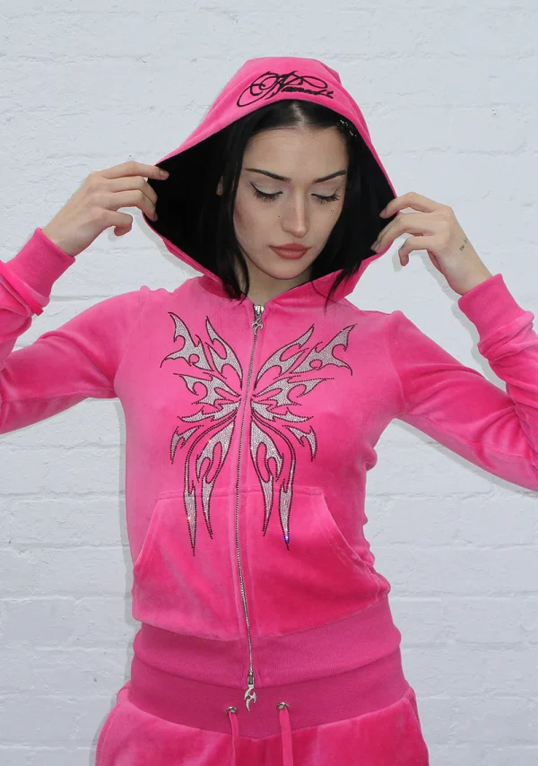 Idol Rhinestone Velour Fitted ZIP Tracksuit Hot Pink - Image 6