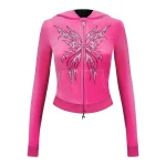 Idol Rhinestone Velour Fitted ZIP Hoodie Hot Pink