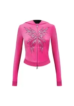 Idol Rhinestone Velour Fitted ZIP Hoodie Hot Pink