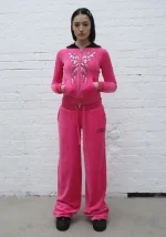 Idol Rhinestone Velour Fitted ZIP Hoodie Hot Pink-2