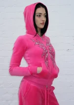 Idol Rhinestone Velour Fitted ZIP Hoodie Hot Pink-4