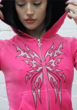 Idol Rhinestone Velour Fitted ZIP Hoodie Hot Pink-6