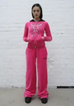 Idol Rhinestone Velour Sweatpants Hot Pink-2