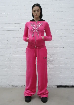 Idol Rhinestone Velour Sweatpants Hot Pink-2