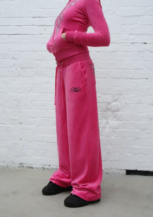 Idol Rhinestone Velour Sweatpants Hot Pink-3