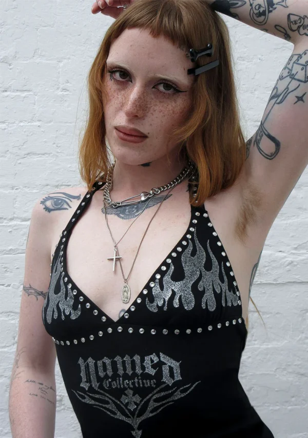 Ignite Rhinestone Halterneck Cami Top Black-2