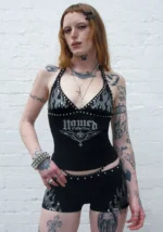 Ignite Rhinestone Halterneck Cami Top Black-5