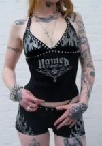 Ignite Rhinestone Halterneck Cami Top Black-6