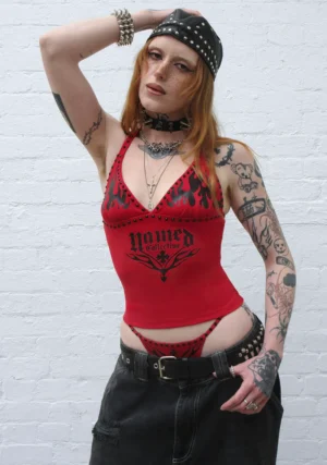 Ignite Rhinestone Halterneck Cami Top Red-1