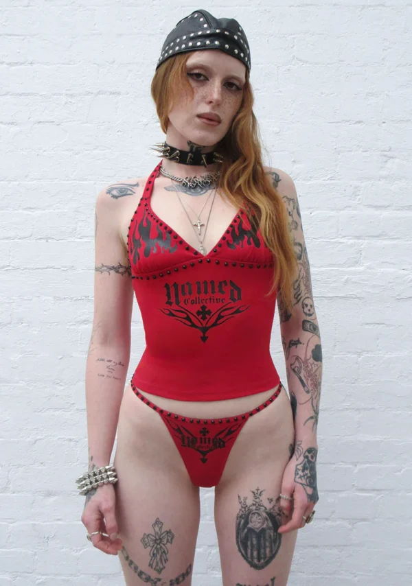 Ignite Rhinestone Halterneck Cami Top Red-2