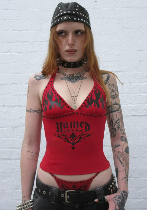 Ignite Rhinestone Halterneck Cami Top Red-5