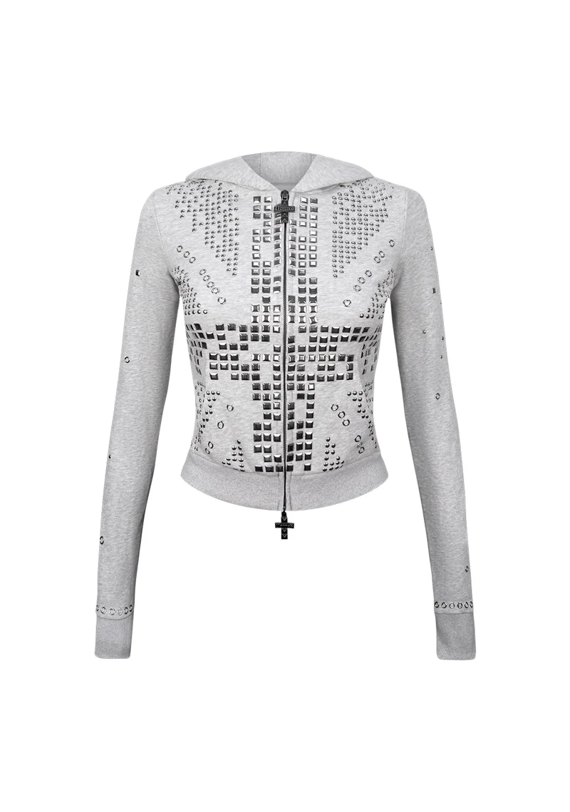 Knight Studded Fitted Hoodie Grey Marl Knight Studded Fitted Hoodie Grey Marl