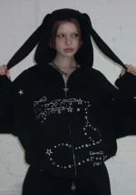 Malfunction Bunny ZIP Hoodie Black (Detachable Ears)-1