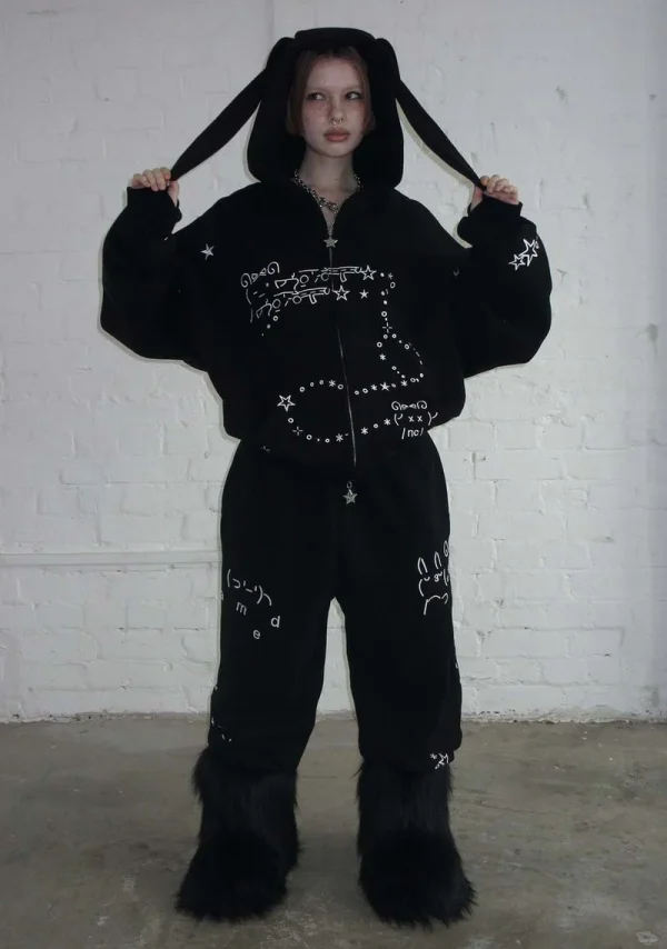 Malfunction Bunny ZIP Hoodie Black (Detachable Ears)-3