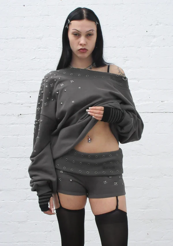 Midnight Studded Micro Hotpant Shorts Charcoal-1