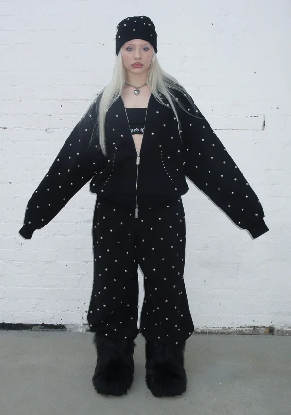 Nova Studded Polka Dot ZIP Hoodie Black-3
