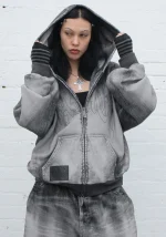 Off Grid Denim Effect ZIP Hoodie Washed Black-3