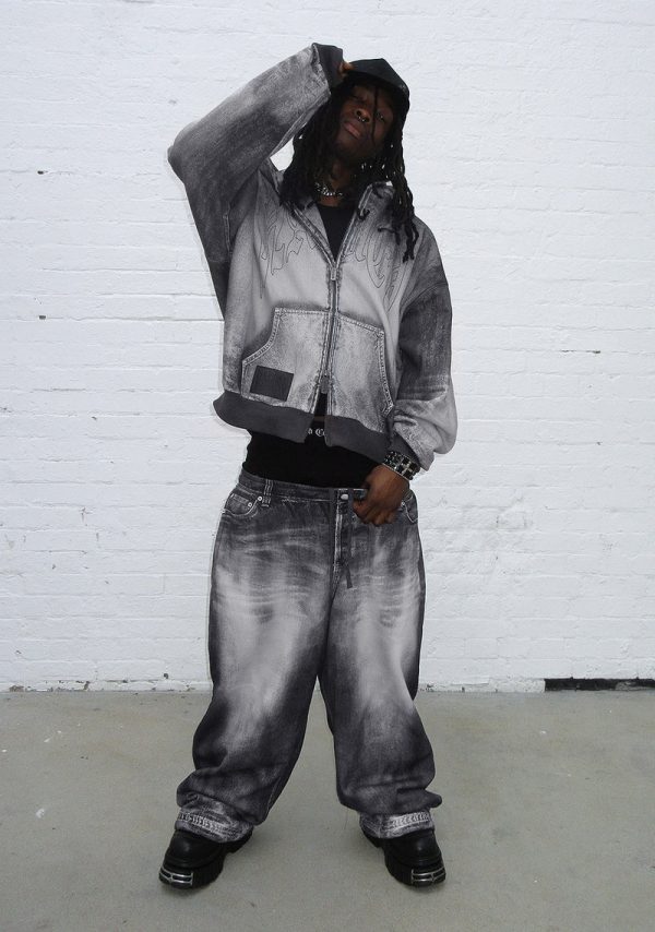 Off Grid Denim Effect ZIP Hoodie Washed Black-4