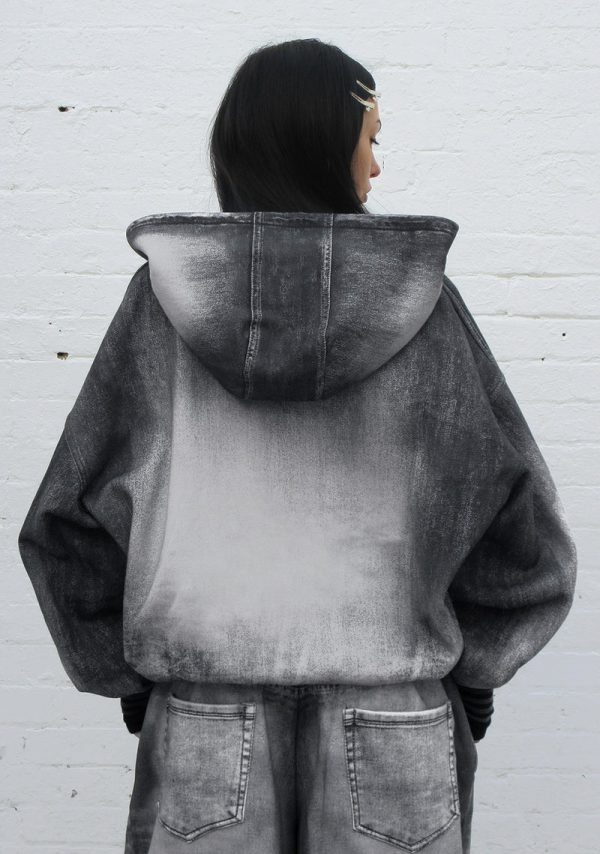 Off Grid Denim Effect ZIP Hoodie Washed Black-5