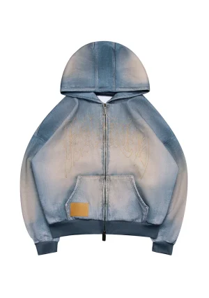 Off Grid Denim Effect ZIP Hoodie Washed Blue