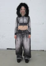 Off Grid Faux Fur Denim Effect Fitted ZIP Hoodie Washed Black (Detachable Fur)-1