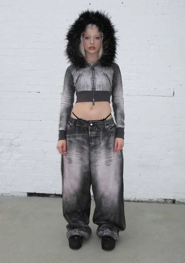 Off Grid Faux Fur Denim Effect Fitted ZIP Hoodie Washed Black (Detachable Fur)-1