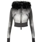 Off Grid Faux Fur Denim Effect Fitted ZIP Hoodie Washed Black (Detachable Fur)