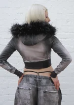 Off Grid Faux Fur Denim Effect Fitted ZIP Hoodie Washed Black (Detachable Fur)-2