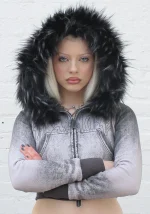 Off Grid Faux Fur Denim Effect Fitted ZIP Hoodie Washed Black (Detachable Fur)-5