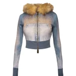Off Grid Faux Fur Denim Effect Fitted ZIP Hoodie Washed Blue (Detachable Fur)